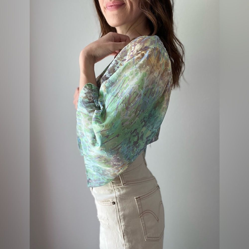 Vintage 90s Alex Evenings Petites Open Front Draped Multicolor Marbled Cardigan - Picture 8 of 11